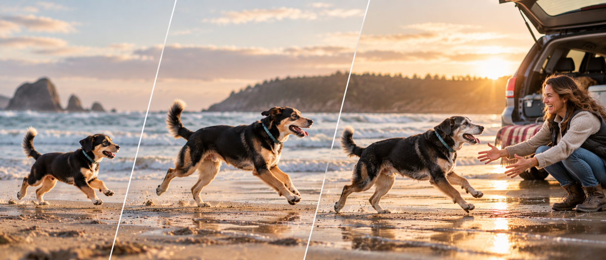 A dog running on the beach at sunset and greeting its owner.