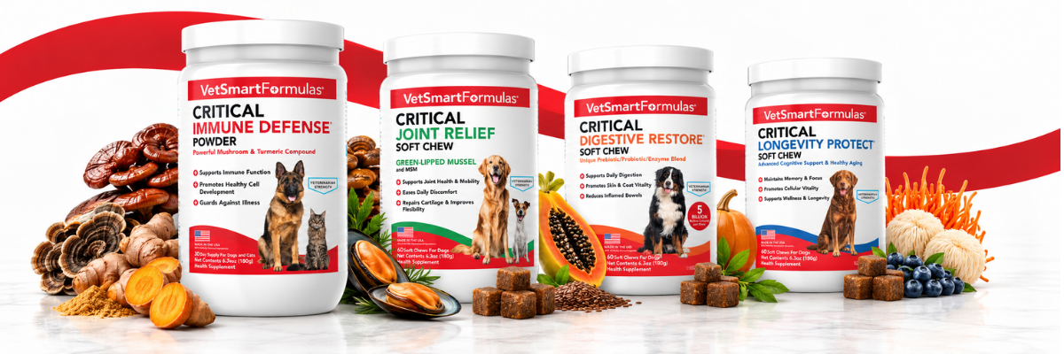 VetSmart Formulas Critical line: Immune Defense, Joint Relief, Digestive Restore and Longevity Protect