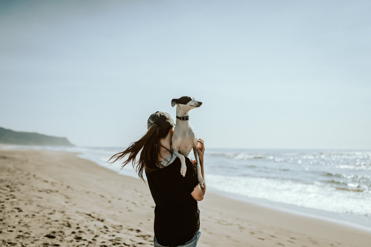 A woman on the beach carrying her dog, celebrating the benefits of sea cucumber