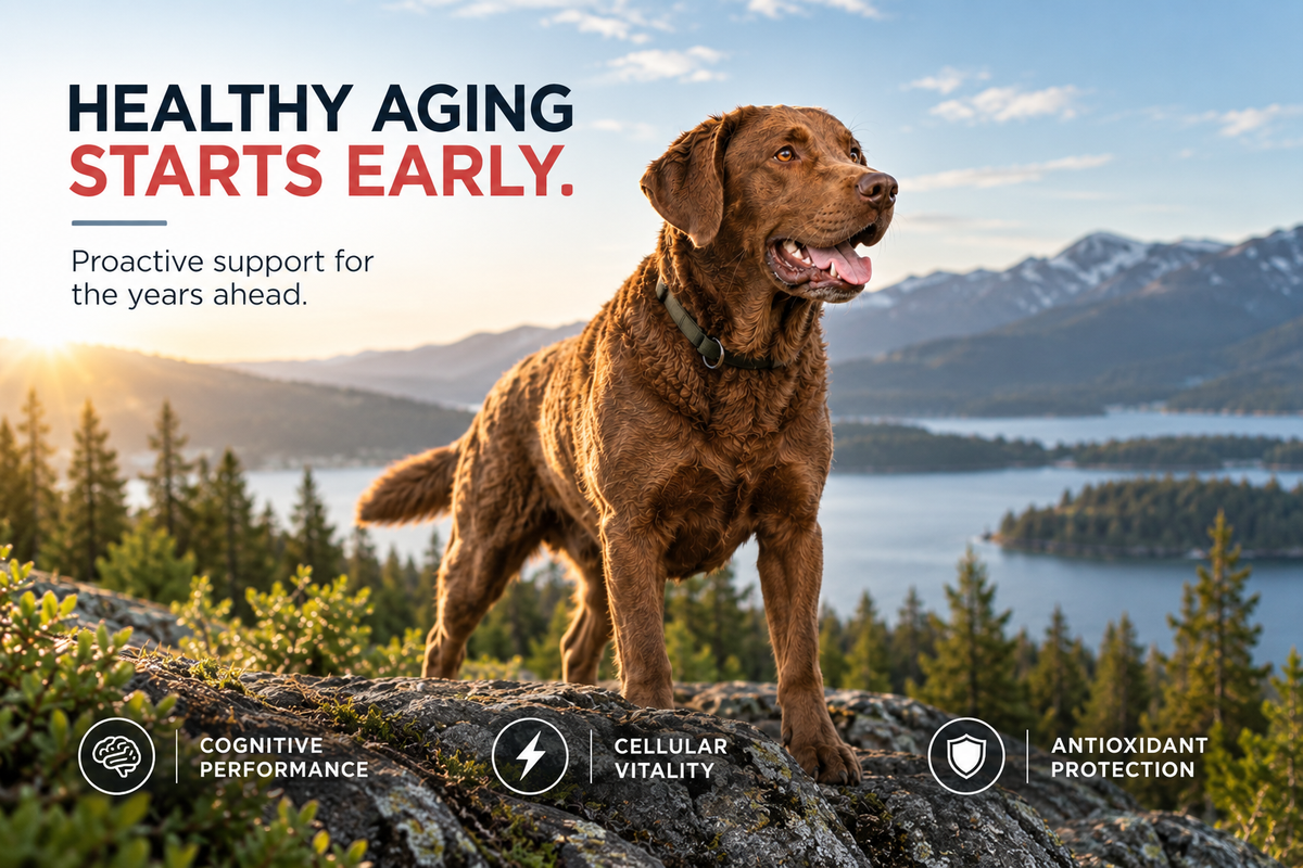 Healthy aging starts early. An adult dog on a rocky overlook above a mountain lake.