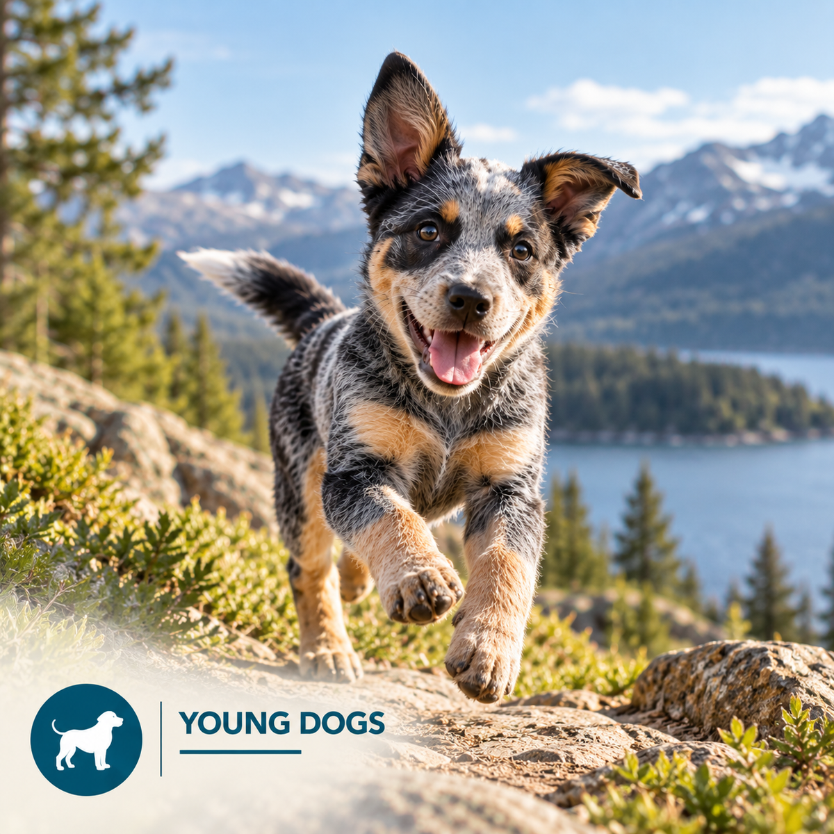 Young dogs. A young dog running along a mountain trail.