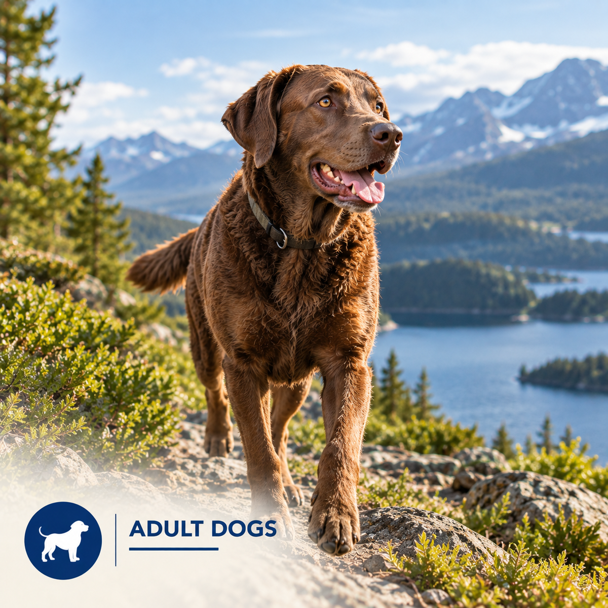 Adult dogs. An adult dog standing on a mountain trail.