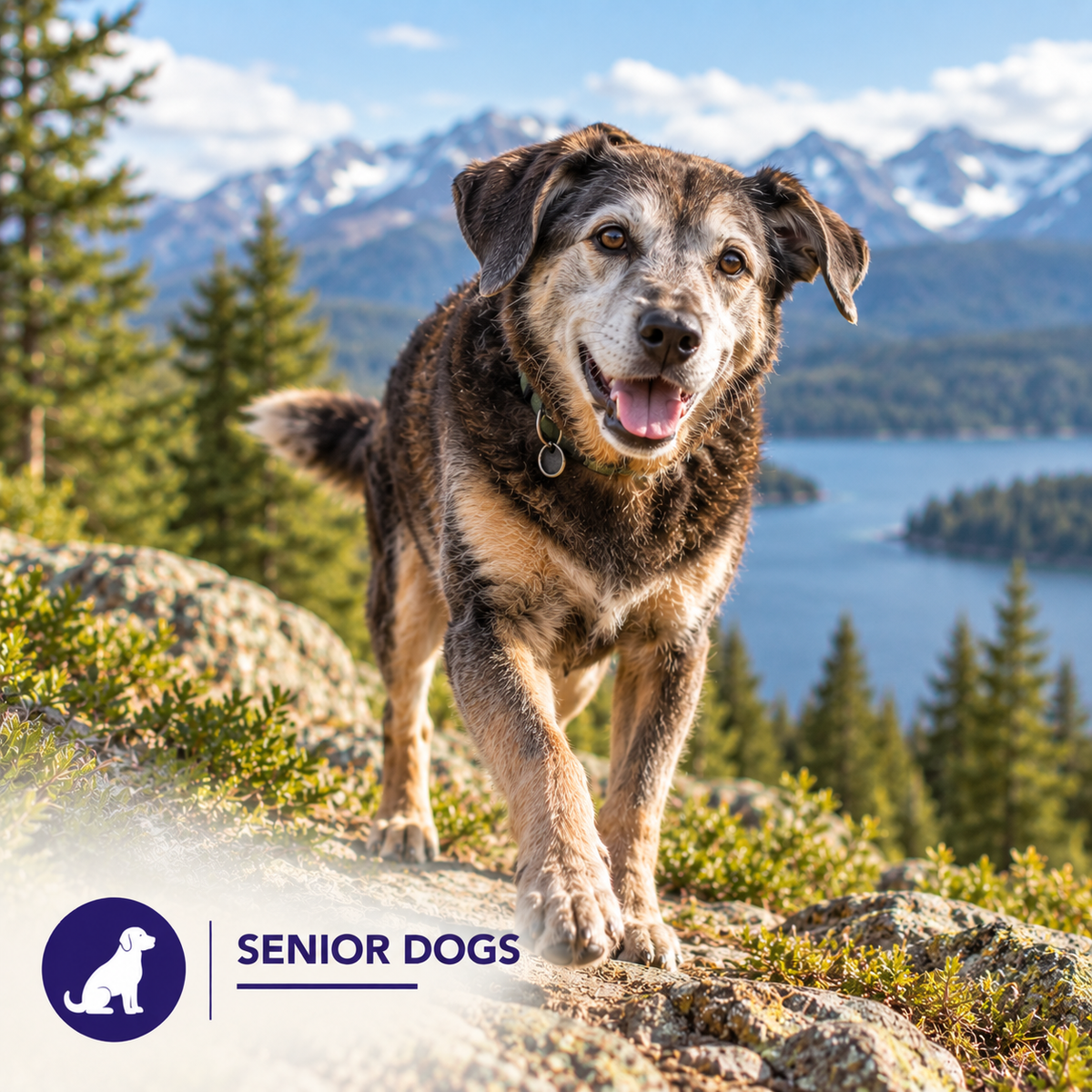 Senior dogs. A senior dog standing on a mountain trail.