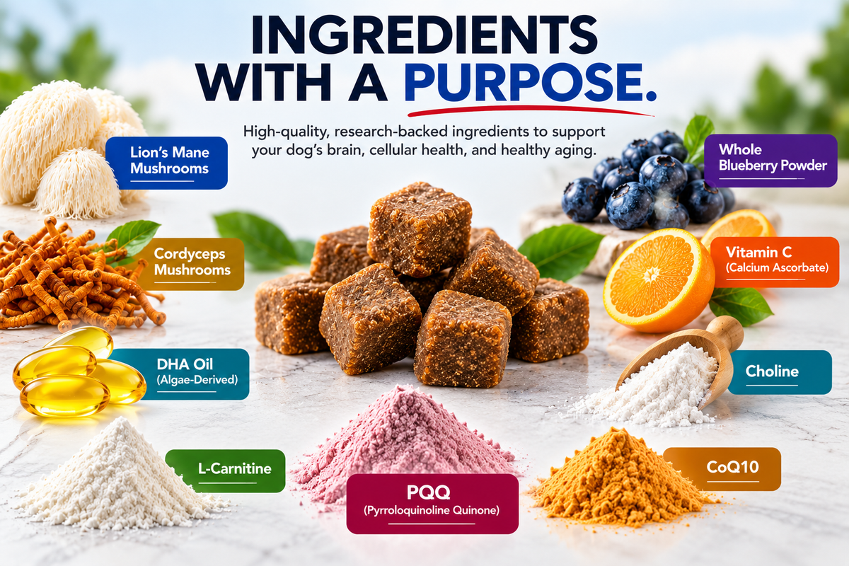 Ingredients with a purpose: Lion's Mane and Cordyceps mushrooms, algae-derived DHA oil, choline, L-carnitine, CoQ10, PQQ, whole blueberry powder and vitamin C, around Critical Longevity Protect soft chews.