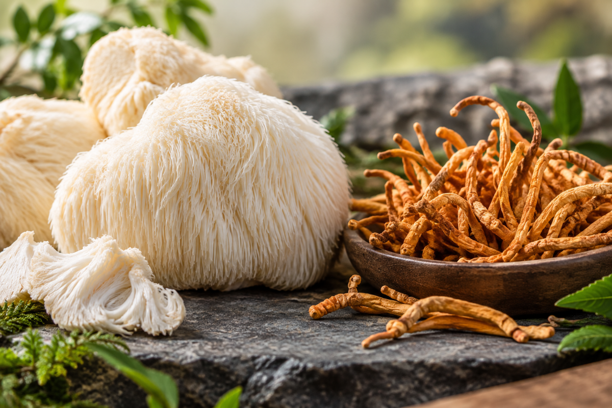 Certified organic Lion's Mane and Cordyceps mushrooms.