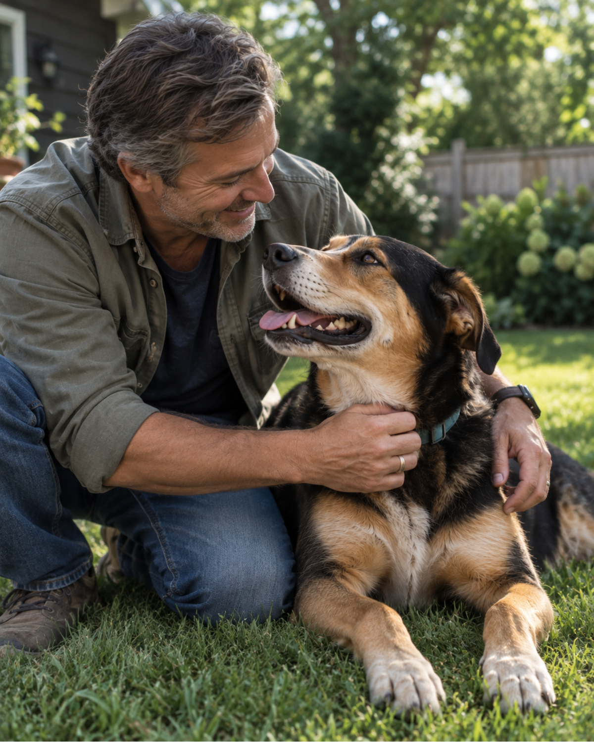 A pet parent kneeling in the garden beside his dog.