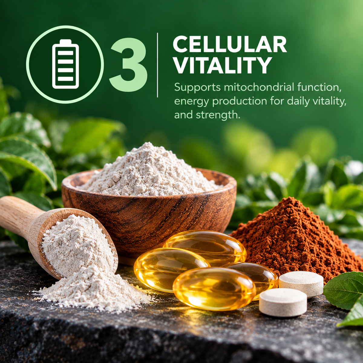 Pillar three, cellular vitality. L-carnitine, CoQ10 and PQQ.
