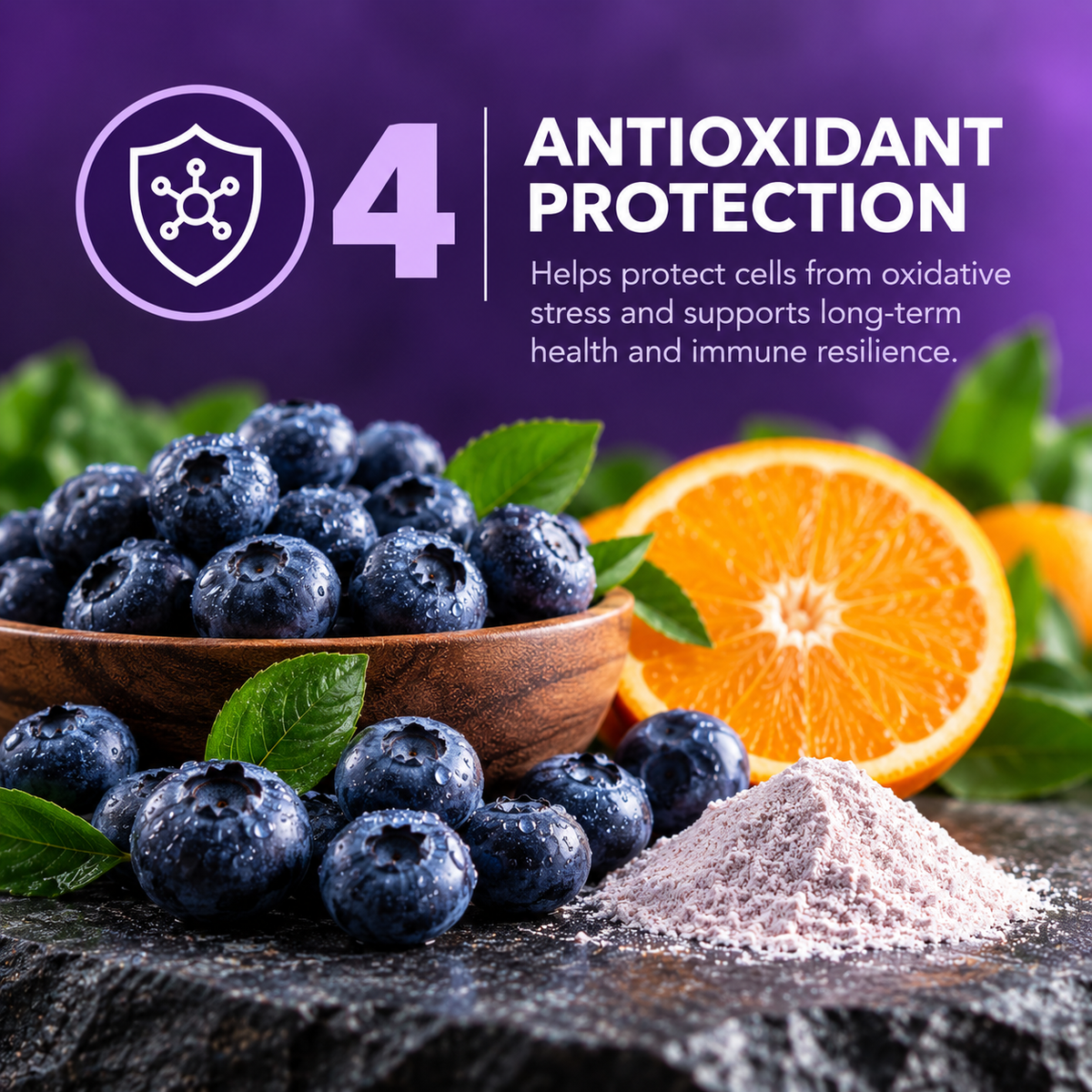 Pillar four, antioxidant protection. Whole blueberry powder and vitamin C.